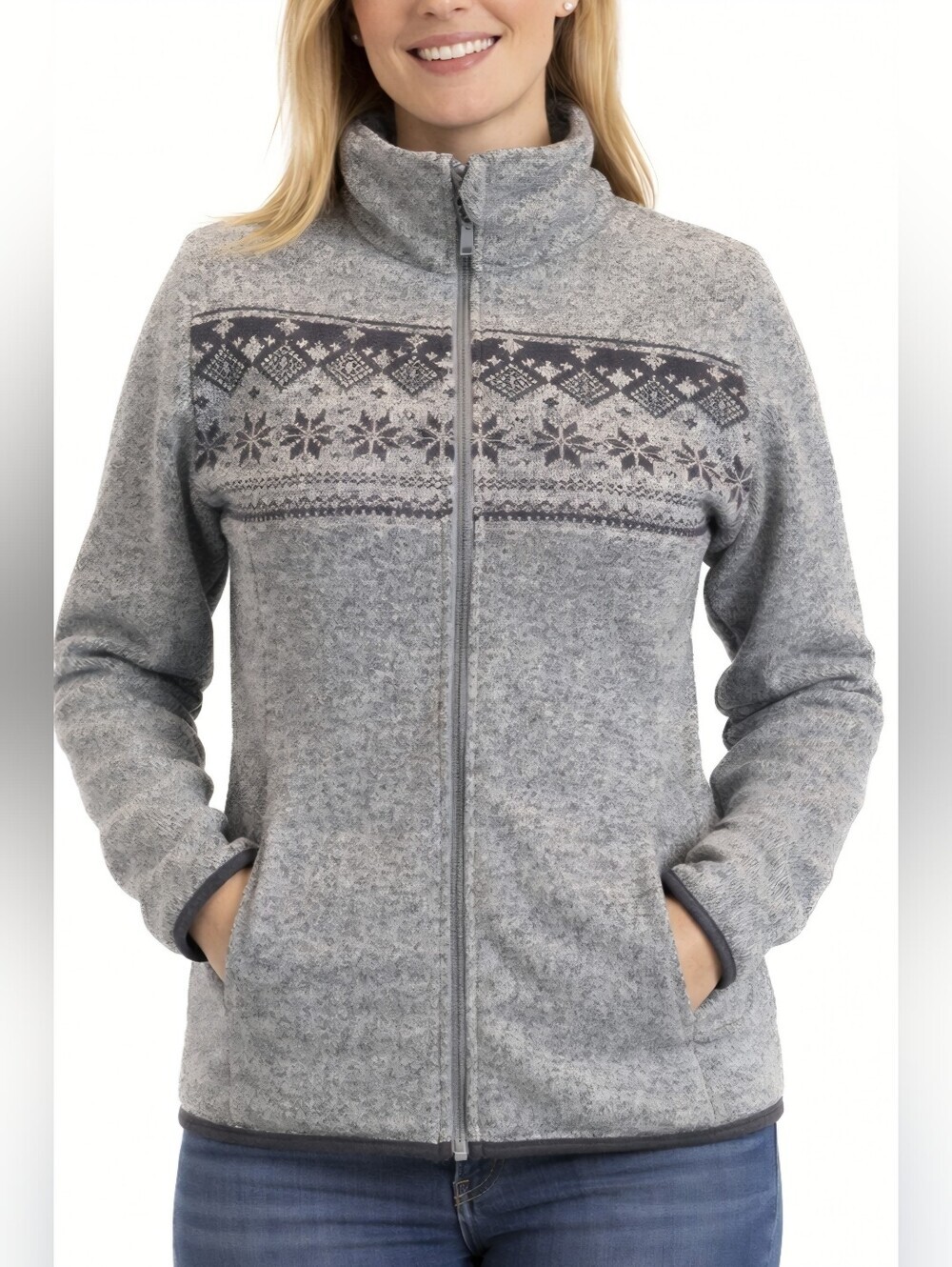 CB Women's Size Large Gray On Gray Patterned Knit With Fleece Lining Jacket